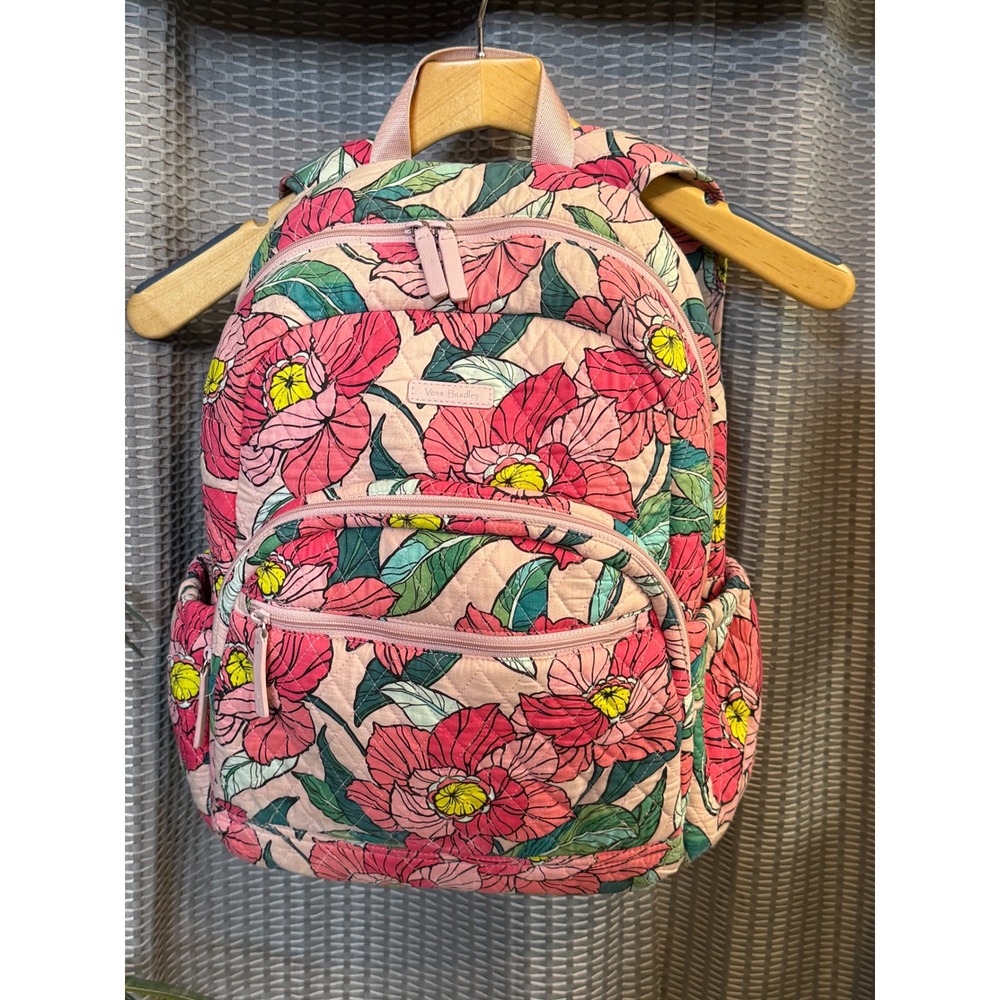 Vera Bradley Quilted Cotton Backpack Pink Floral Print Multi Zip Bag